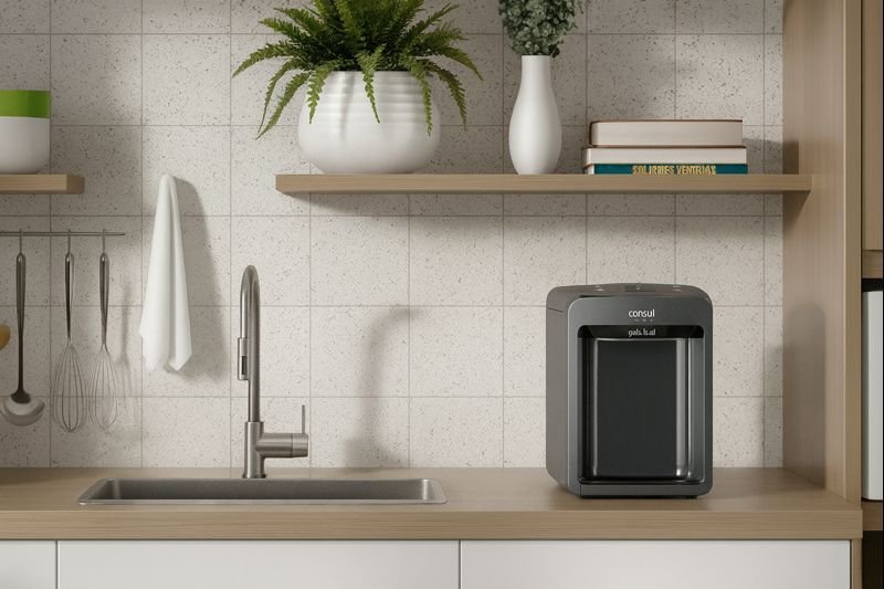 Purificador de água Consul CPB33AF instalado sobre bancada em ambiente de cozinha